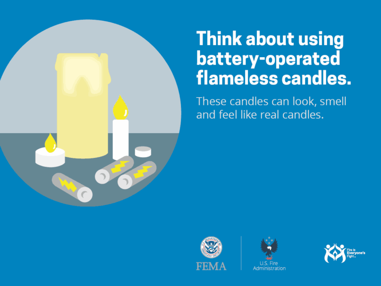 Illustration of flameless battery-operated candles with text promoting their use over real candles for safety. FEMA and U.S. Fire Administration logos are at the bottom.