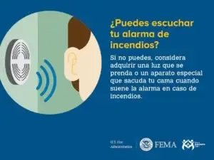 An illustration promoting fire safety awareness, with a focus on the importance of hearing smoke alarms. it shows a stylized human ear aligning with sound waves emanating from a smoke detector, accompanied by a message in spanish that asks, "can you hear your alarm?" and suggests considering the purchase of a light that turns on when the smoke alarm sounds, especially for those who are deaf or hard of hearing.