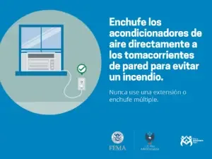 Public safety message showing how to properly plug in an air conditioner directly into a wall socket to prevent fire hazards, with a reminder to avoid using an extension cord or multi-plug adapter.