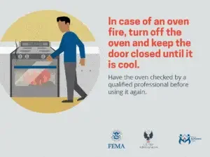 An illustrated safety reminder showing a person looking at an oven fire, with the advice, "in case of an oven fire, turn off the oven and keep the door closed until it is cool. have the oven checked by a qualified professional before using it again." the image includes logos for fema, the us fire administration, and fire is everyone's fight.