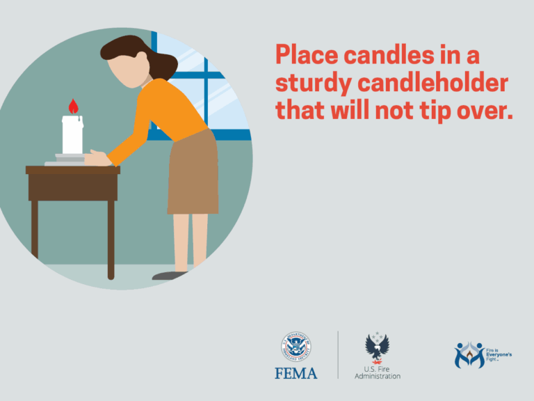 A woman places a lit candle in a sturdy holder on a table, with safety text advising to use holders that won’t tip over. FEMA, US Fire Administration, and Fire is Everyone’s Fight logos are at the bottom.