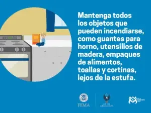 An informative graphic about kitchen safety, featuring an illustration of a stove and advising to keep flammable objects such as wooden utensils, food packaging, towels, and curtains away from the stove to prevent fires. the information is provided by fema and the us fire administration.
