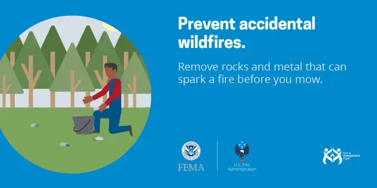 An educational graphic encouraging wildfire prevention, with a person removing rocks and metal from a grassy area before mowing to avoid causing sparks that could lead to a fire, accompanied by logos of fema, the us fire administration, and befirewise.